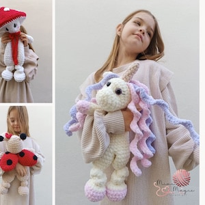 Puede incluir: Patrón de amigurumi de crochet para tres juguetes de peluche: un hongo, un unicornio y una mariquita. El patrón se llama "Crocher Snuggler 3 in 1 Pattern".