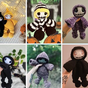 May include: A collection of handmade crochet dolls in various colors. The dolls have a hooded design with a skull-like face. Some dolls are black, yellow, and purple. The dolls are designed with a Halloween theme.