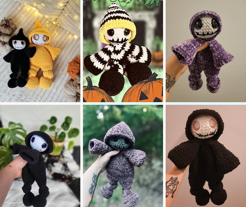 May include: A collection of handmade crochet dolls in various colors. The dolls have a hooded design with a skull-like face. Some dolls are black, yellow, and purple. The dolls are designed with a Halloween theme.