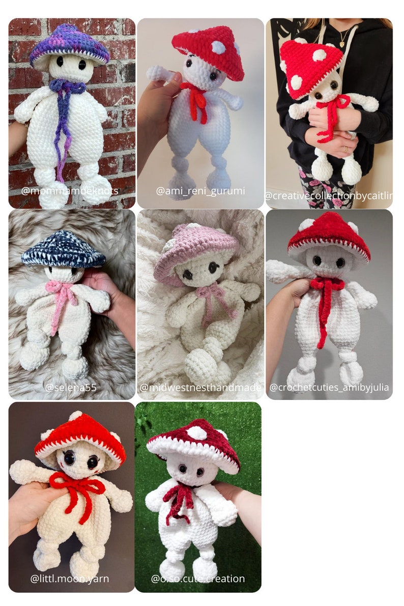 Mushroom snuggler pattern. Amigurumi lovely for baby girl. Plush toy security blanket. Easy low sew crochet pattern for beginners. English zdjęcie 10