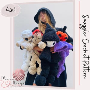 May include: A collection of four crochet dolls in a variety of Halloween-themed designs. The dolls include a mummy, a voodoo doll, a witch, and a pumpkin. The image also includes the text "4in1" and "Snuggler Crochet Pattern".