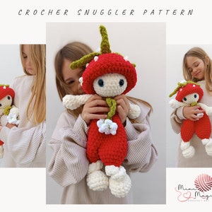 Crochet pattern snuggler doll. Plush toy baby. Newborn lovely pattern. Amigurumi strawberry spring pattern. Low sew pattern for beginners.