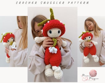 Crochet pattern snuggler doll. Plush toy baby. Newborn lovely pattern. Amigurumi strawberry spring pattern. Low sew pattern for beginners.