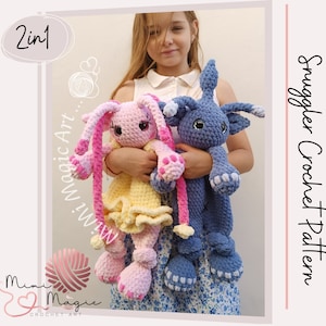 May include: A girl is holding two crocheted amigurumi toys. One is a pink and yellow creature with long, pink yarn tentacles. The other is a blue creature with a long, pink yarn tail. The toys are part of a 2-in-1 crochet pattern called "Smuggler Crochet Pattern".