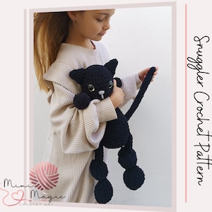 かぎ針編みの猫のパターン。ぬいぐるみの赤ちゃん。ハロウィーンのパターン。あみぐるみの黒猫のパターン。初心者向けの低縫製パターン。男の子向けのスナッグラー猫。