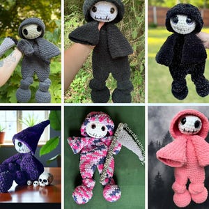 May include: A collection of handmade crochet dolls, each featuring a skeleton-like face with large eyes and a stitched smile. The dolls are in various colors, including gray, black, purple, and pink, and some hold accessories like a scythe or wear a hood.