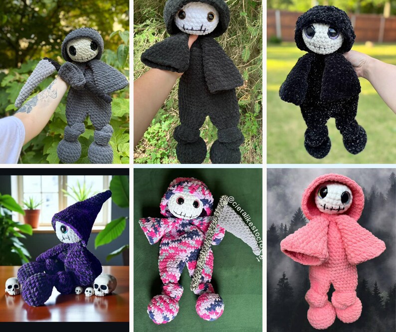 May include: A collection of handmade crochet dolls, each featuring a skeleton-like face with large eyes and a stitched smile. The dolls are in various colors, including gray, black, purple, and pink, and some hold accessories like a scythe or wear a hood.