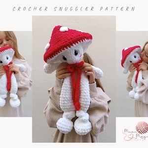 Mushroom snuggler pattern. Amigurumi lovely for baby girl. Plush toy security blanket. Easy low sew crochet pattern for beginners. English