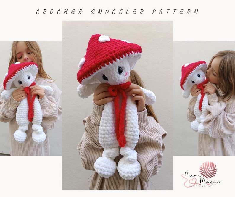 Mushroom snuggler pattern. Amigurumi lovely for baby girl. Plush toy security blanket. Easy low sew crochet pattern for beginners. English zdjęcie 1