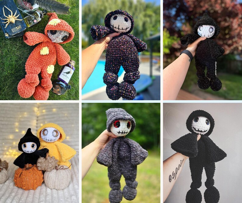 May include: A collection of handmade crochet dolls in various colors, including orange, black, yellow, and gray. Each doll features a skull-like face with stitched details and is wearing a hooded outfit. The dolls have elongated legs and arms.
