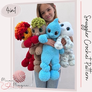 May include: Four colorful crochet dolls are held by a person. The dolls are in red, brown, blue, and white. The dolls have large eyes and are labeled "4in1" and "Snuggler Crochet Pattern". The logo "Mimi & Magic Crochet Art" is also visible.