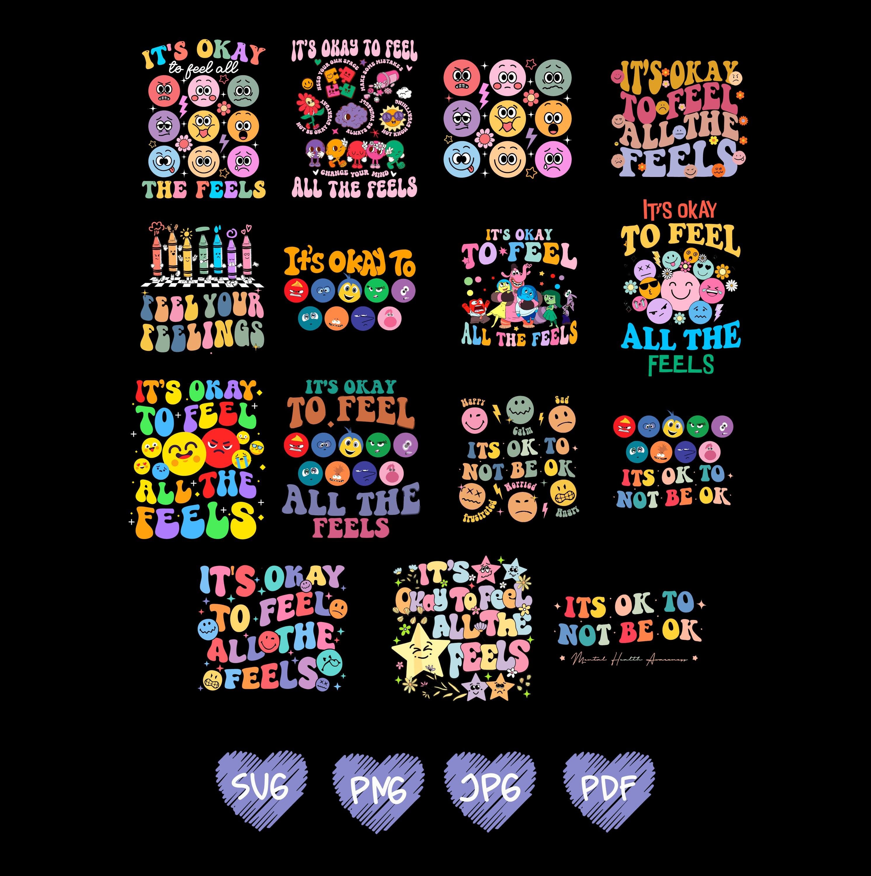 Inside out it's okay to feel all the feels bundle svg png, mental health png, inclusion png, speech therapy png, bcba png, mental health