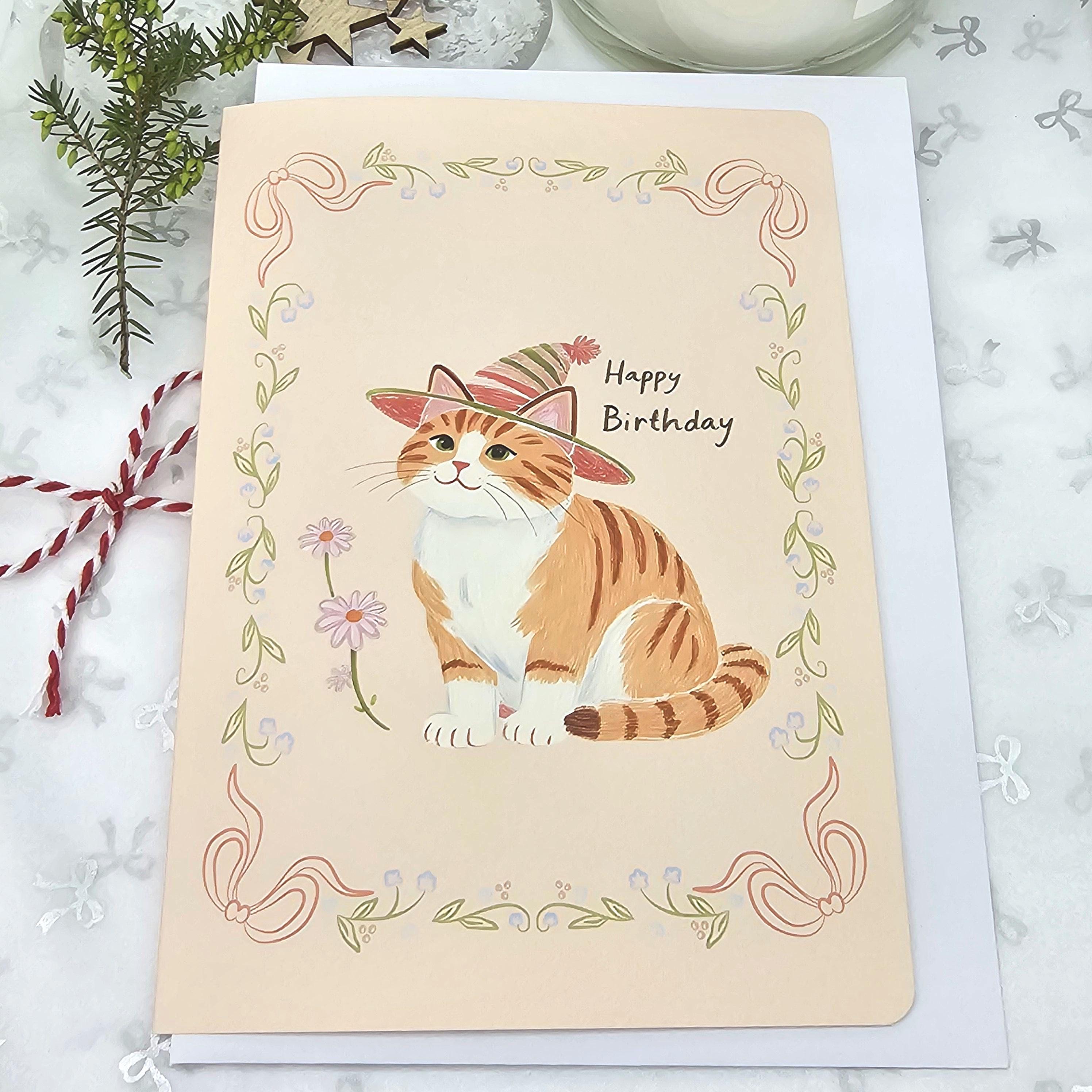 Cute Cat Birthday Card – Hand Painted Style Kitty Card, Floral Cat ...