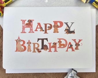Dachshund Birthday Card UK – Funny Sausage Dog Letter Art Card – Cute Doxie Birthday Card for Dog Lover