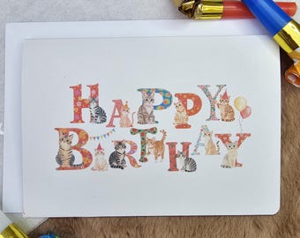 Funny Cat Birthday Card UK – Cute Tabby Cat Letter Art Card – Unique Birthday Card for Cat Lover