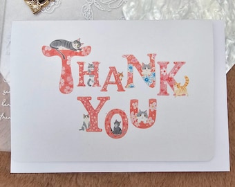 Cute Cat Thank You Card – Funny Appreciation Card for Teacher, Friend, Cat Lover, Handmade Whimsical Kitty Greeting Card