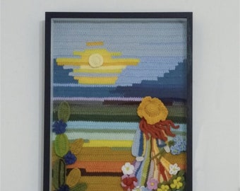 Hand knitted girl watching sunset hanging painting, hand knitted hanging painting, xuan knitted hanging painting