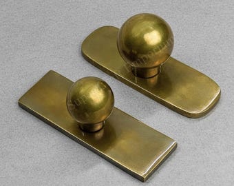 Unlacquered Antique Brass Ball Knobs with Backplates | Vintage Style Solid Brass Cabinet Knobs