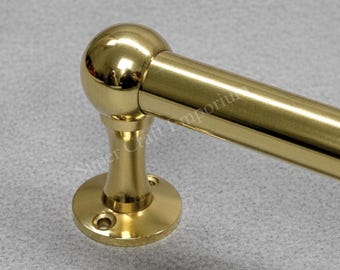 Unlackierte Messing Topfschiene | Küchenleiste aus massivem Messing mit Kugelförmigen Halterungen & Haken - Poliert