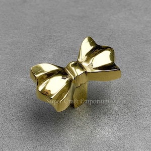 Unlacquered Polished Brass Bow Knob - Solid Brass Cabinet Drawer Pull Knob, Decorative Ribbon Knob