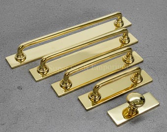 Unlacquered Polished Brass Round Cabinet Pulls with Backplates | Solid Brass Handles & Knob for Kitchen Cabinet Drawers