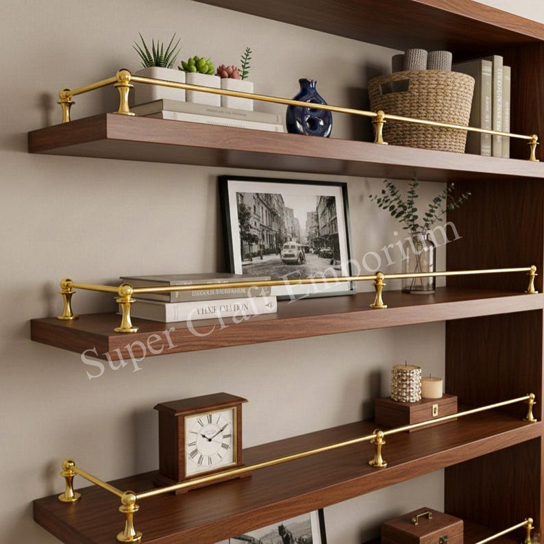 Unlacquered Polished Brass Gallery Rail With One Ring Design Posts ...