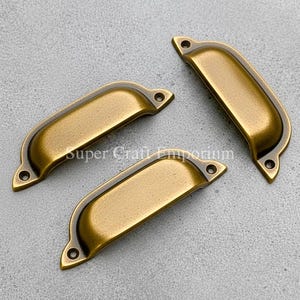 Unlacquered Antique Brass Cup Pull Bin Handle | Vintage Brass Cabinet Hardware
