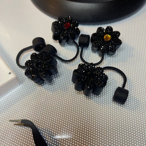 Black Bling Flower Straw Cover