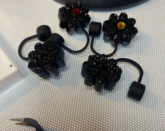 Black Bling Flower Straw Cover