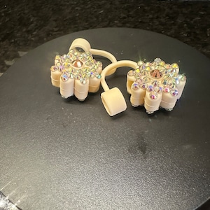 Tan Bling Flower Straw Cover