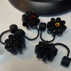 Black Bling Flower Straw Cover