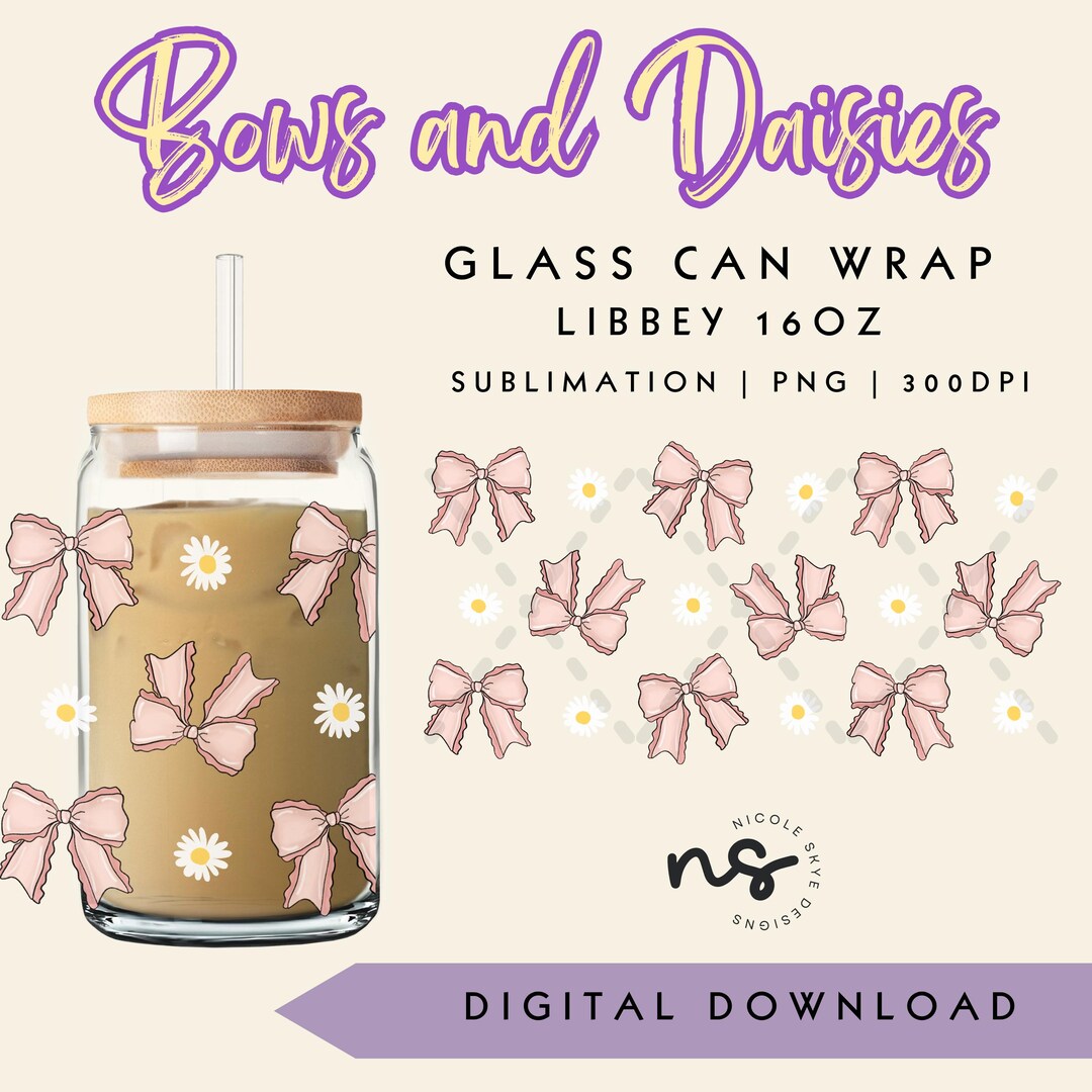 Bows and Daisies Glass Cup Wrap, Pink Bow PNG, Cute Trendy Girly Bow ...