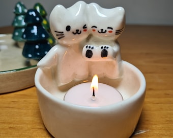 2024 Trend Best Seller Kitten Candle Holder, Couple Candle Holder, Cat Tealight Holder, Kitten Tealight Holder, Ceramic and Clay