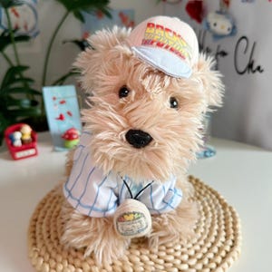 Può includere: Un peluche a forma di cane con pelo beige arruffato, che indossa un berretto da baseball rosa chiaro con la scritta Back to the Future stampata sul davanti. Il cane indossa una camicia bianca con sottili righe verticali blu e un ciondolo.