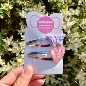 Pair of Cute Funky Fun Bold Kitsch Kawaii Princess Lolita Dopamine Dressing Pink Foil Heart + Purple Butterfly 6cm Large Snap Hair Clips