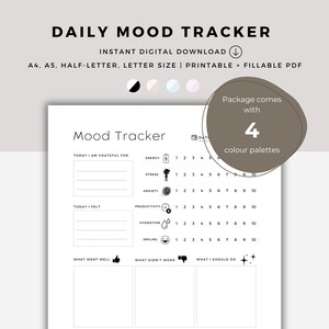May include: A printable daily mood tracker with a black and white design. The tracker includes sections for gratitude, feelings, energy, stress, anxiety, productivity, hydration, smiling, what went well, what didn't work, what I should do, added thoughts or feelings, and a stress doodle. The tracker comes with four color palettes.