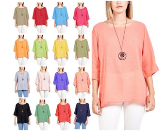 Dames Italiaanse loszittende effen vleermuismouwtop met ronde hals, cropped katoenen damestuniek met lagenlook en ketting Stijlvol comfort Eigenzinnig shirt