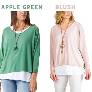 Women's Italian Double Layer Top With Necklace, Ladies Summer Oversized Round Neck Long Sleeves 2 In 1 soft loose quirky Batwing Tunic Top image 8