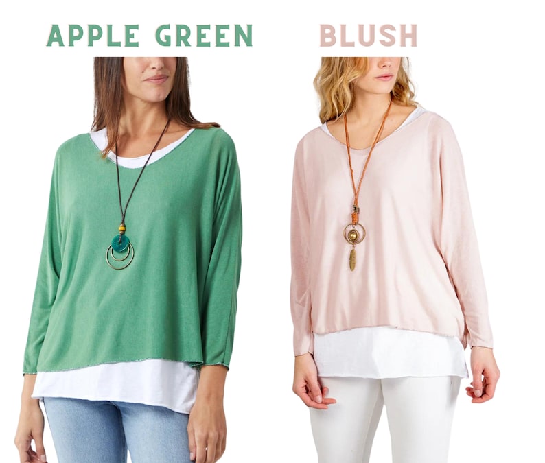 Women's Italian Double Layer Top With Necklace, Ladies Summer Oversized Round Neck Long Sleeves 2 In 1 soft loose quirky Batwing Tunic Top image 8