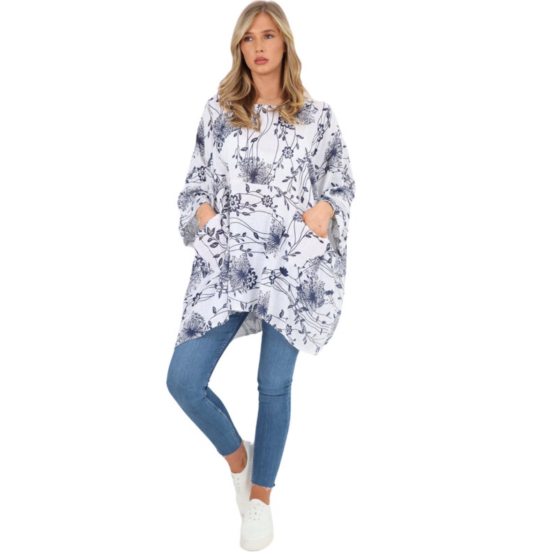 Damen Neue Italienische Baumwolle Floral Fledermaus Kurzarm Tops, Damen Lagenlook Rundhals Leinen Tunika Top Kleid, Sommer Übergroße Mode Bild 3