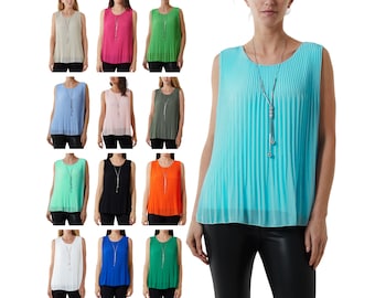 Ladies Italian Round Neck Loose Fitting Top, Sleeveless Blouse, Women's Casual Summer Tunic Top With Necklace