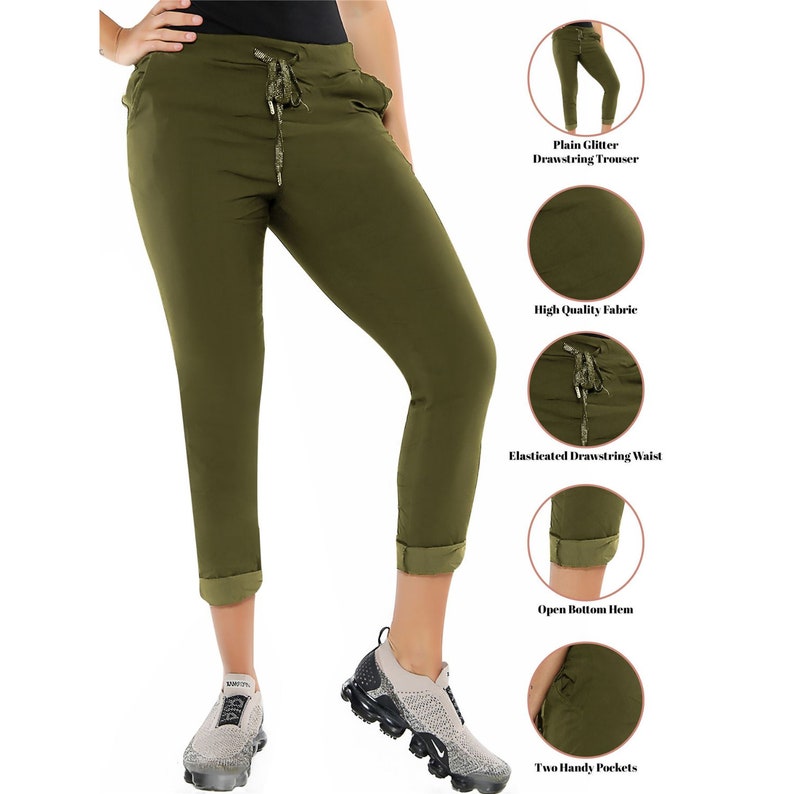 Nouveau pantalon uni extensible italien pour femme, pantalon coupe magique, jogging décontracté magique, short d'été pour femme, pantalon pantalon confortable de style lagenlook Khaki