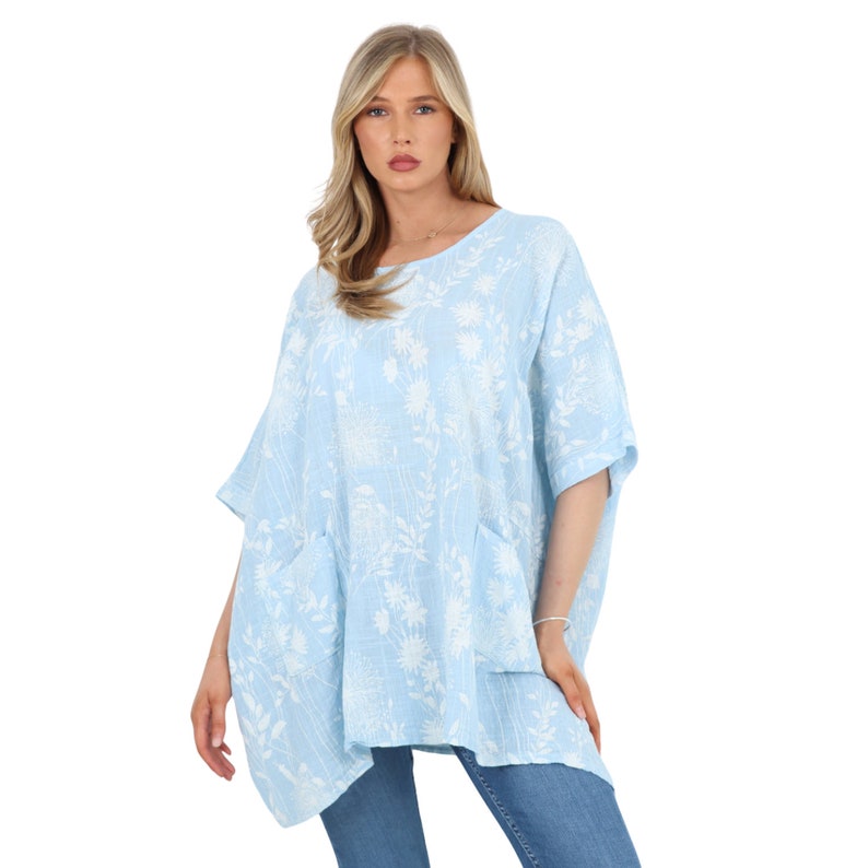 Damen Neue Italienische Baumwolle Floral Fledermaus Kurzarm Tops, Damen Lagenlook Rundhals Leinen Tunika Top Kleid, Sommer Übergroße Mode Sky Blue