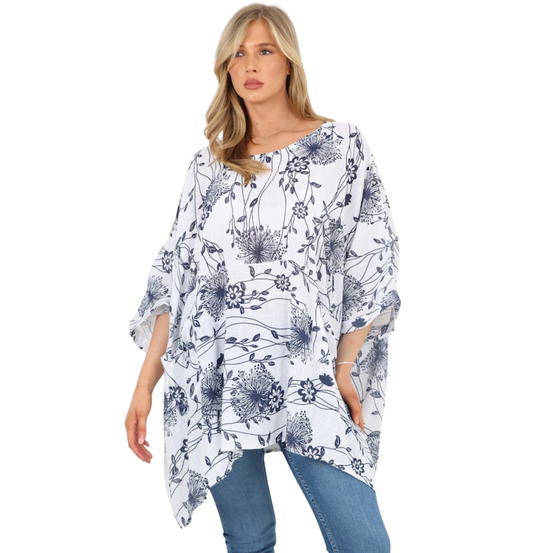 Damen Neue Italienische Baumwolle Floral Fledermaus Kurzarm Tops, Damen Lagenlook Rundhals Leinen Tunika Top Kleid, Sommer Übergroße Mode Weiß