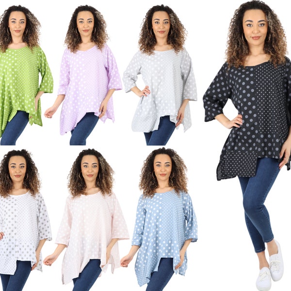 Women's New Italian Cotton Floral Batwing 3/4 Sleeve Tops, Ladies Lagenlook Round Neck Linen Tunic Top Dress, Summer Oversized Fashion