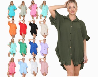 Robe plissée avec boutons dorés, chemise à volants et mini-robe d'été à smocks pour femme, tenue évasée italienne à manches courtes et col uni pour femme