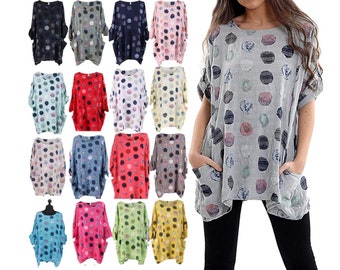 Womens Italian Brick Print Front Pockets Top Oversized, Ladies Lagenlook Round Neck Cotton Shirt, Women Girls Summer Tunic Top