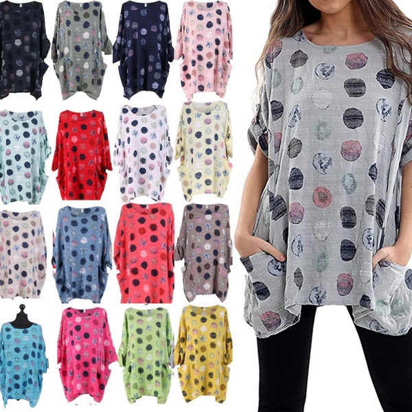 Womens Italian Brick Print Front Pockets Top Oversized, Ladies Lagenlook Round Neck Cotton Shirt, Women Girls Summer Tunic Top