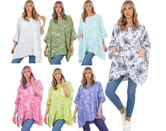 Women's New Italian Cotton Floral Batwing Short Sleeve Tops, Ladies Lagenlook Round Neck Linen Tunic Top Dress, Summer Oversized Fashion