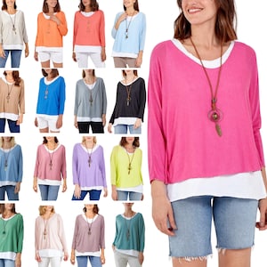 Women's Italian Double Layer Top With Necklace, Ladies Summer Oversized Round Neck Long Sleeves 2 In 1 soft loose quirky Batwing Tunic Top image 1